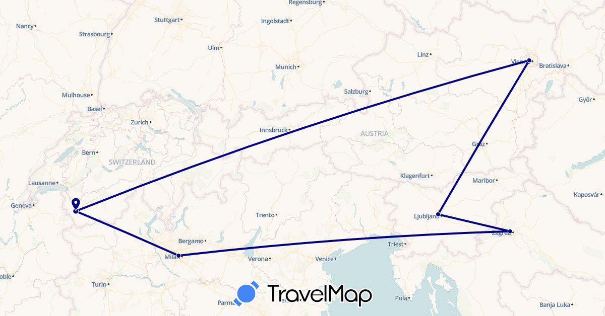TravelMap itinerary: driving in Austria, Switzerland, Croatia, Italy, Slovenia (Europe)